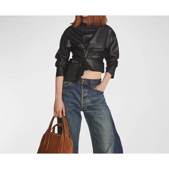 A.W.A.K.E. Mode Asymmetric Gathered Vegan Leather Top in Black Size Small - Picture 1 of 11
